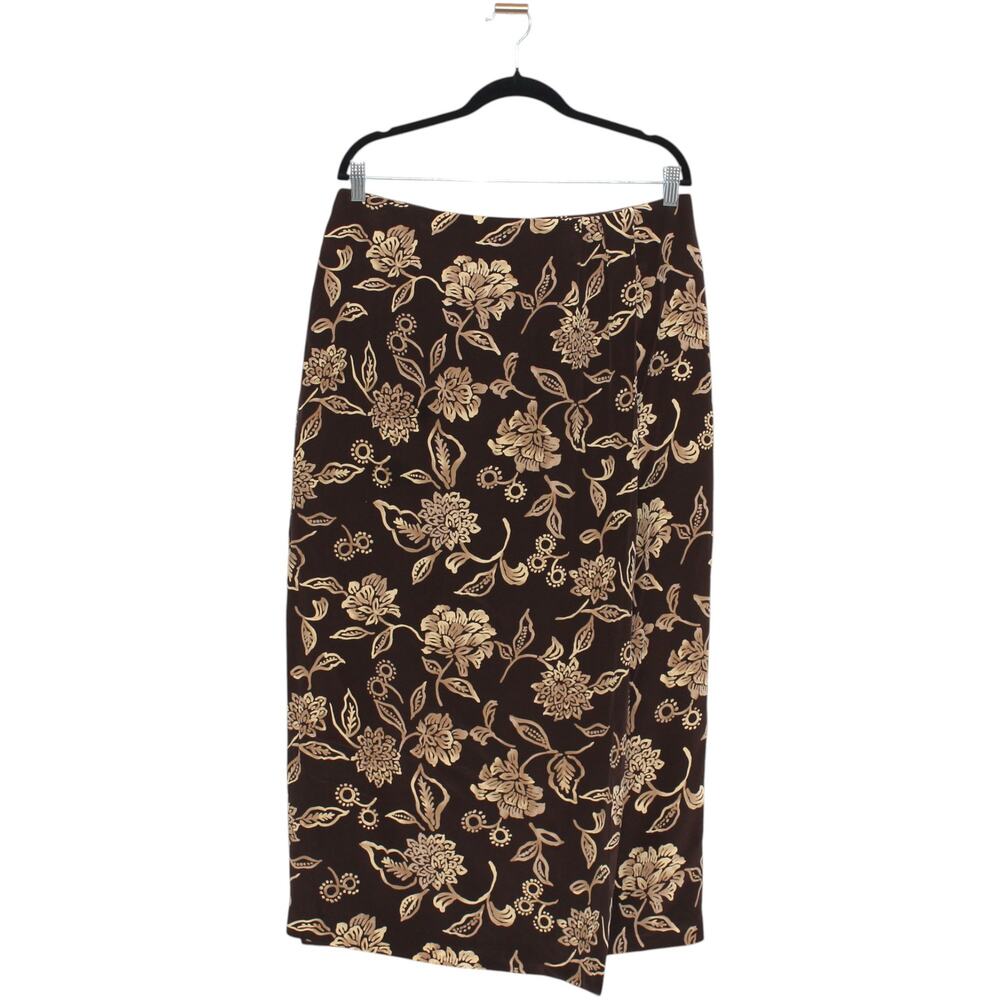 Vintage Josephine Chaus 100% Silk Brown Tan Floral Midi Skirt Size 14